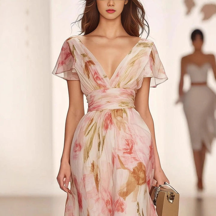 Robe longue femme, coupe évasée, col V, imprimé floral séduisant, manches volantées, style féminin et élégant.