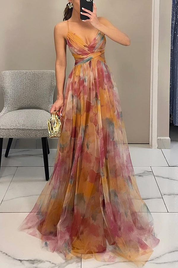 Tenue de fête femme: Robe longue imprimée avec laçage ajustable, parfaite pour cocktail ou soirée chic.