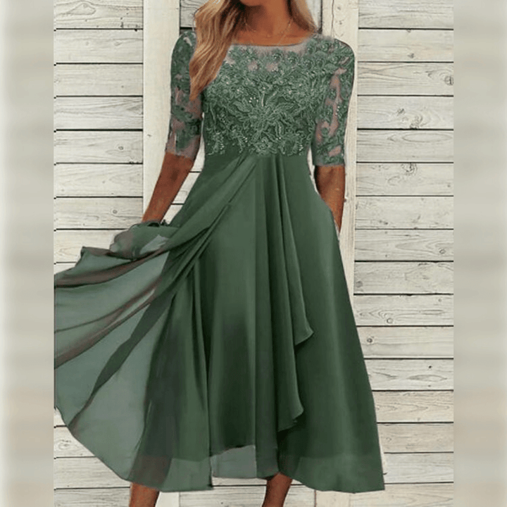 Robe de soirée chic et fluide femme, idéale pour cocktails et cérémonies, disponible en vert et gris.