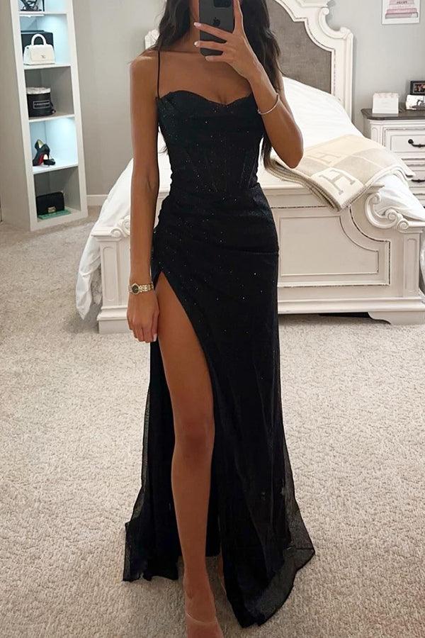 Robe longue femme élégante à corset structuré et fente haute. Idéale pour soirée, gala, mariage, événement formel.