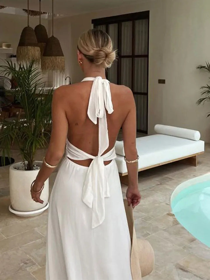 Robe de soirée cocktail longue pour femme, avec fente latérale et dos nu, pour un look séduisant.