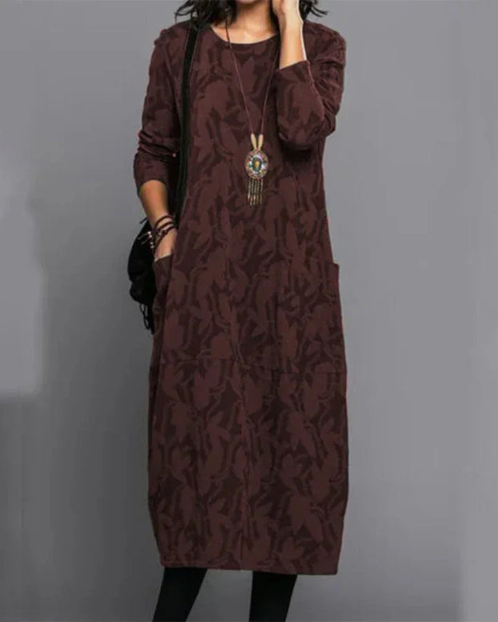 Robe femme décontractée à motifs floraux, manches longues. Confort quotidien pour printemps-automne avec poches pratiques.