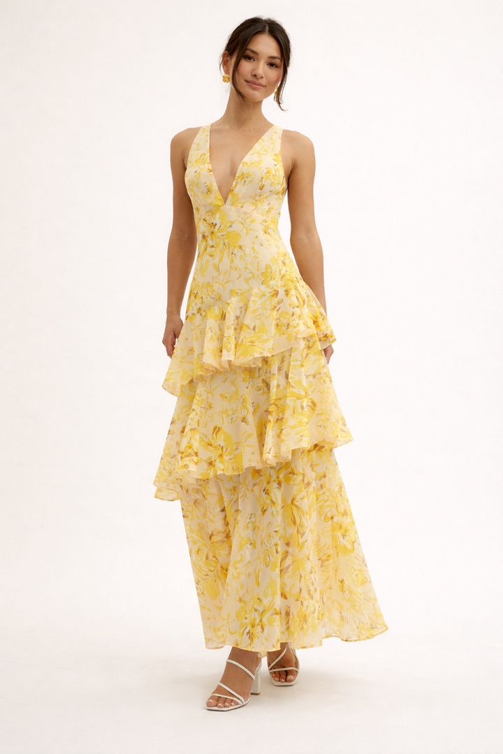 Robe longue fleurie élégante à volants pour femme, parfaite pour une tenue chic ou de cérémonie.