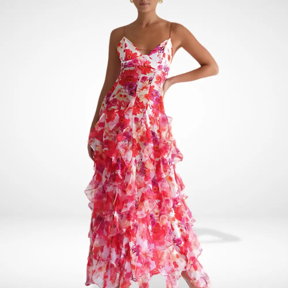 "Robe longue florale à volants, bretelles fines, motif romantique, idéale pour l'été, élégance féminine estivale."