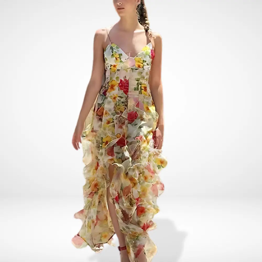 "Robe longue florale à volants, bretelles fines, motif romantique, idéale pour l'été, élégance féminine estivale."