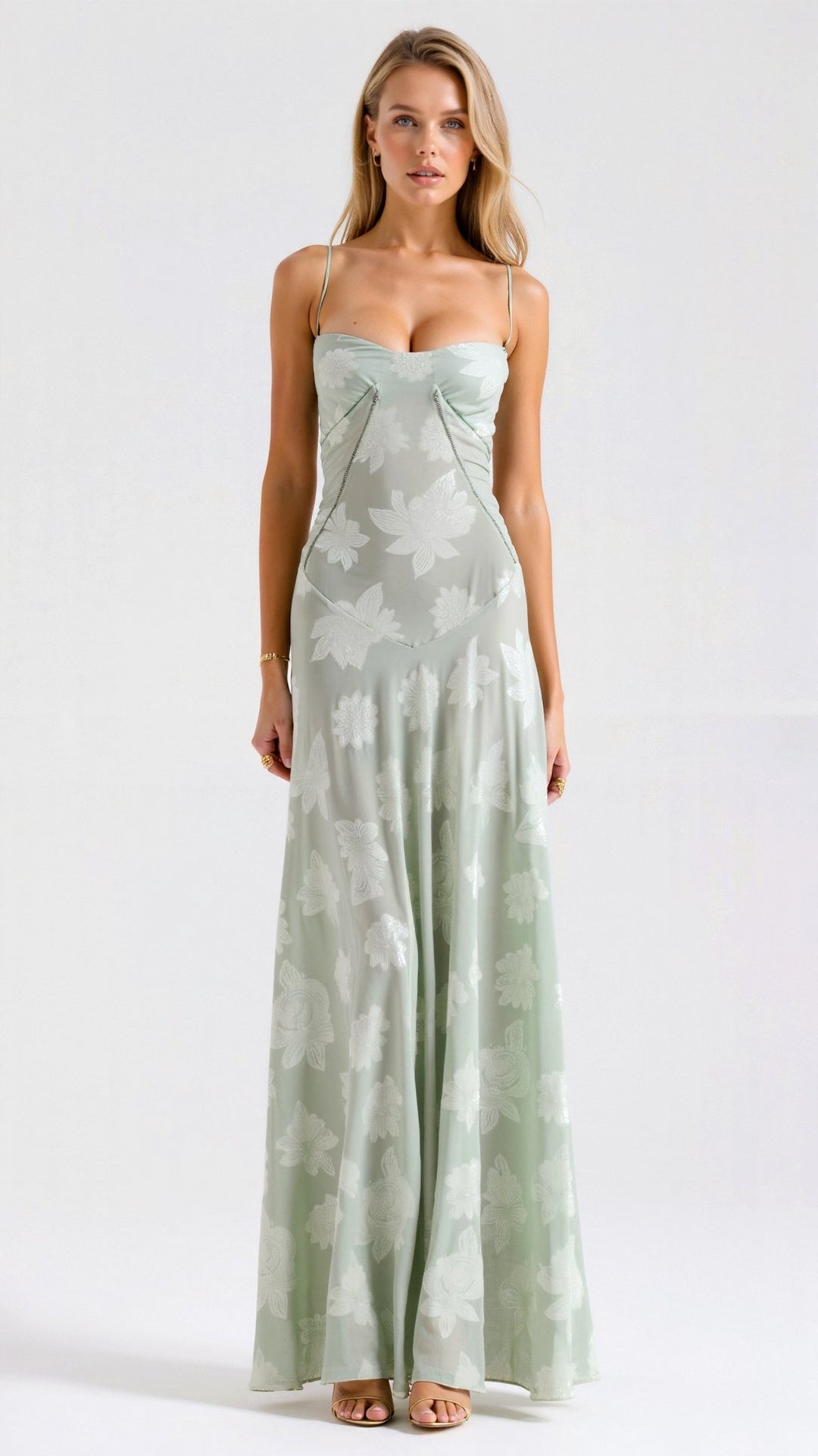 "Robe longue florale élégante avec bretelles fines et jupe évasée, idéale pour mariages et soirées d'été."