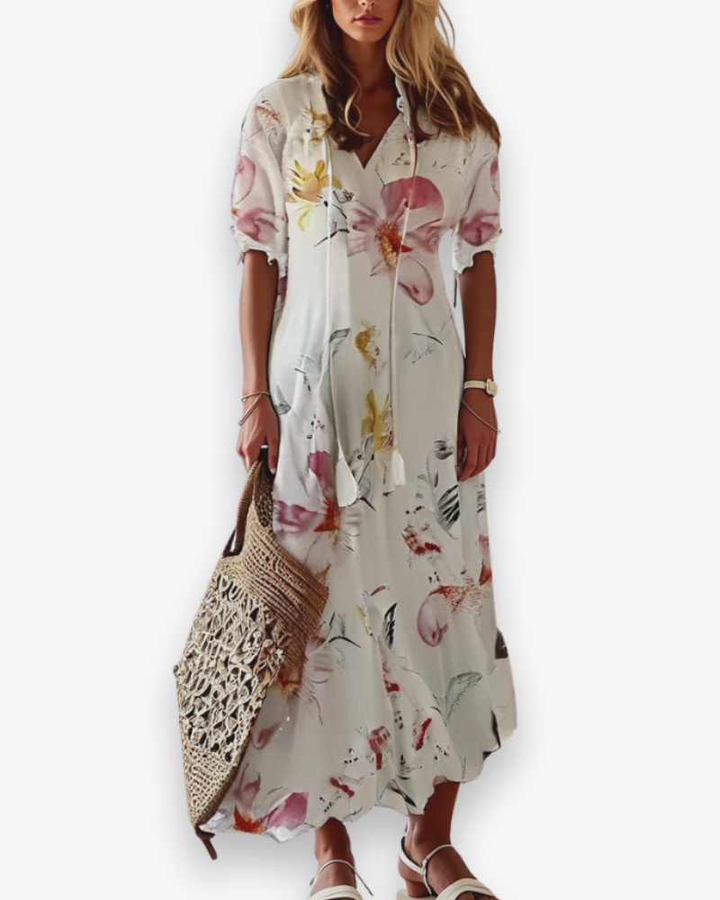 "Robe longue fluide bohème florale pour femme, élégante avec imprimé floral, parfaite pour l'été décontracté ou chic."
