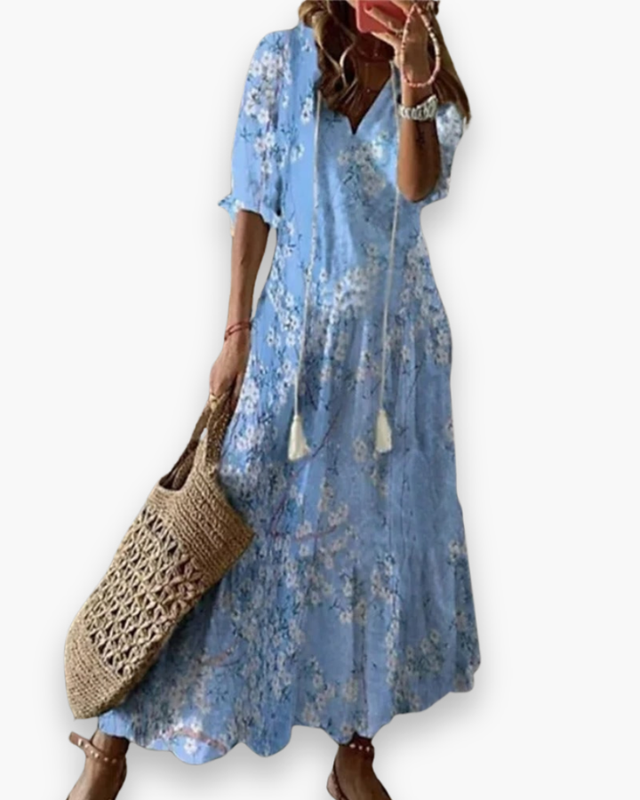 "Robe longue fluide bohème florale pour femme, élégante avec imprimé floral, parfaite pour l'été décontracté ou chic."
