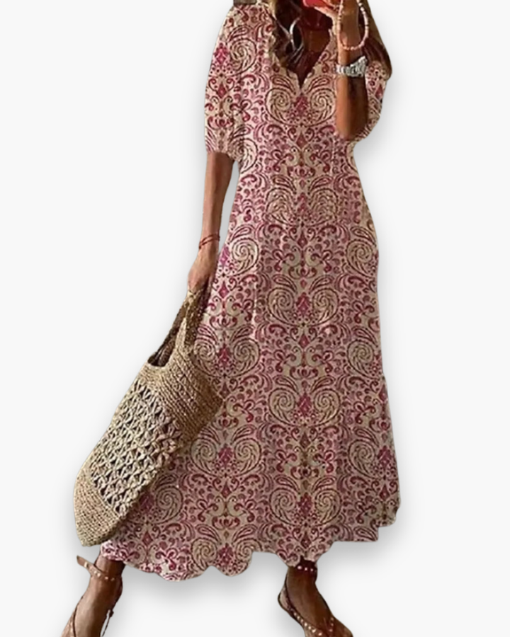 "Robe longue fluide bohème florale pour femme, élégante avec imprimé floral, parfaite pour l'été décontracté ou chic."