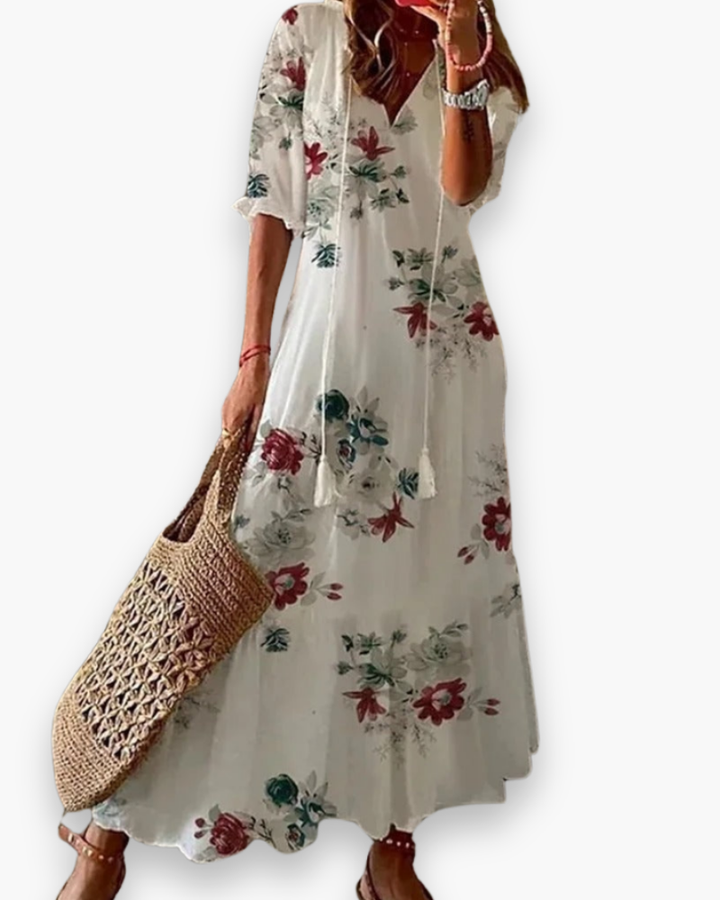 "Robe longue fluide bohème florale pour femme, élégante avec imprimé floral, parfaite pour l'été décontracté ou chic."