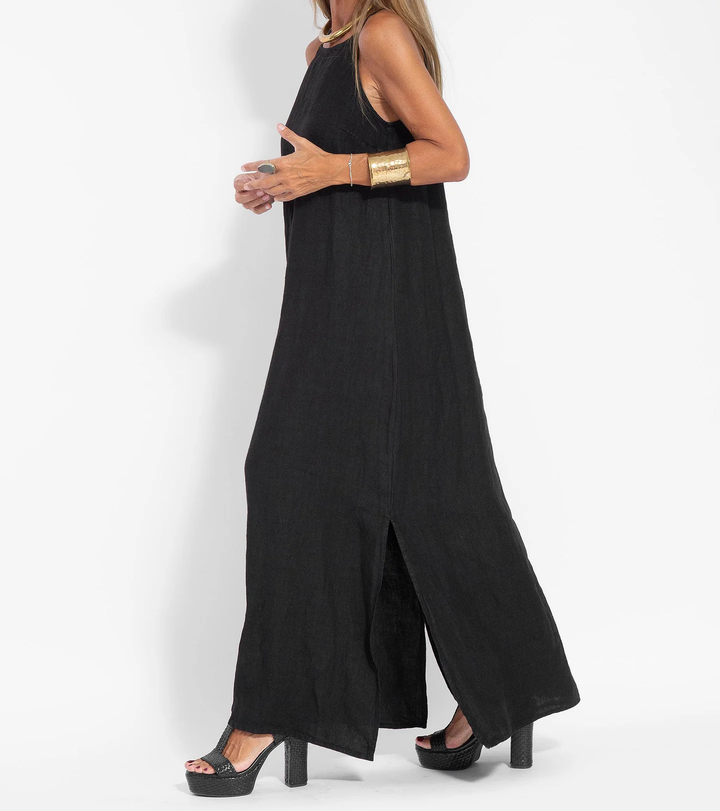 Robe longue fluide sans manches pour femme, très confortable, idéale pour la mode estivale.