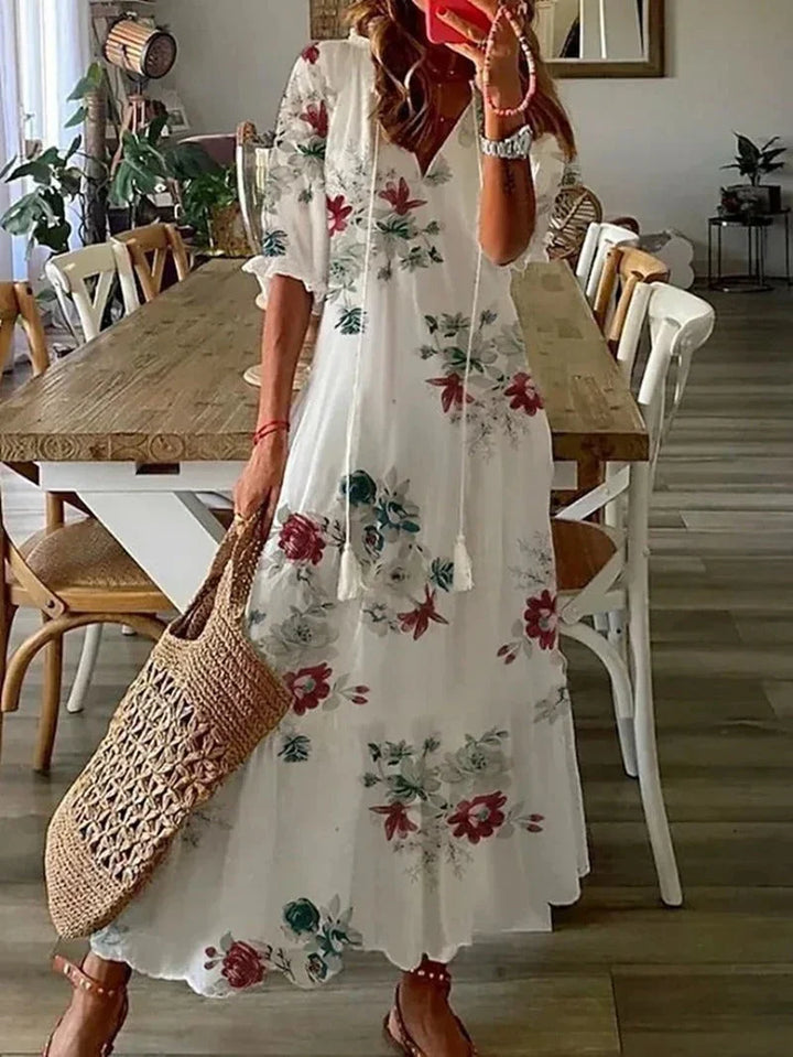 Robe de soirée décontractée pour femme, longue et fluide, motif estival élégant, pour un confort chic.