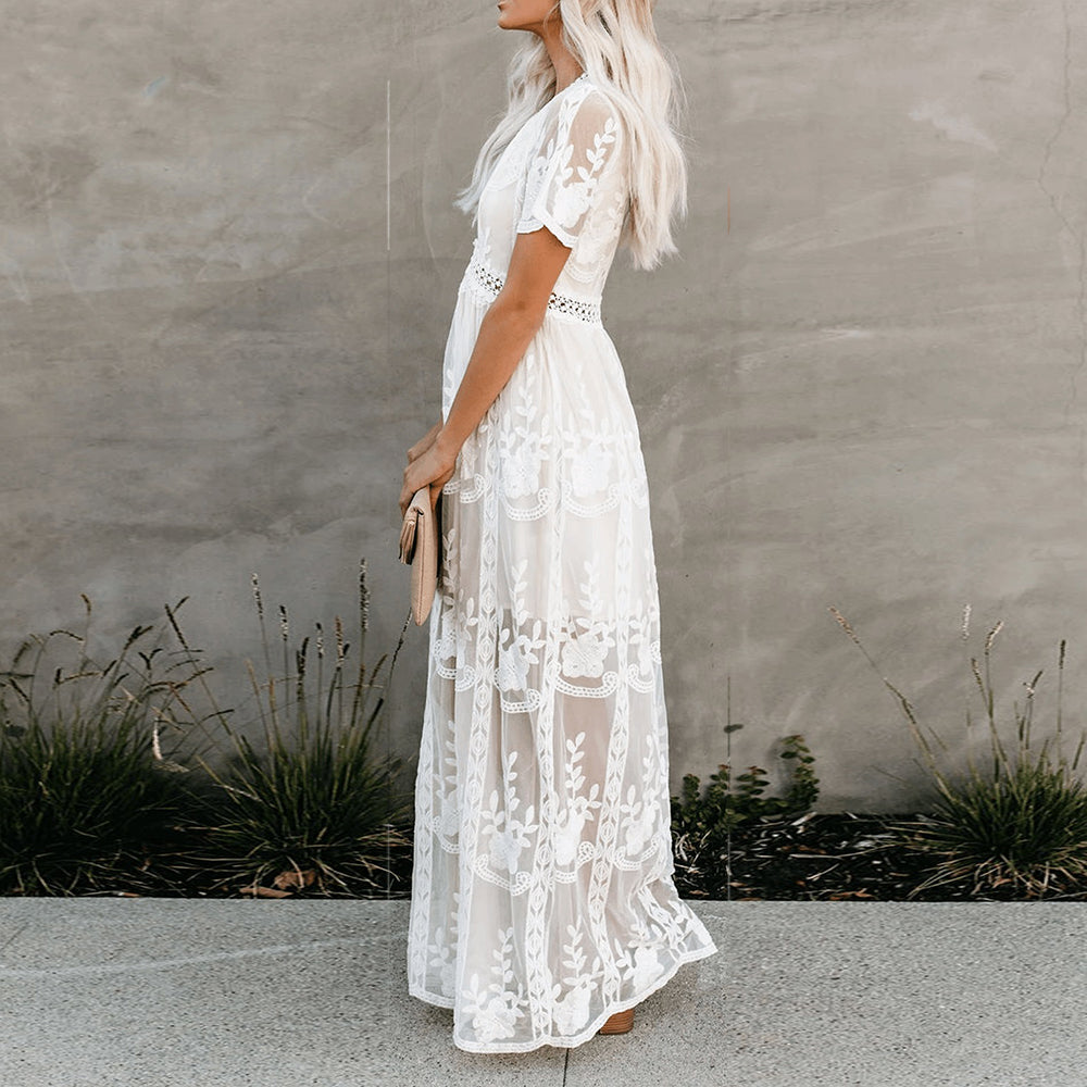 "Robe longue Jasmine élégante, coupe fluide, encolure en V flatteuse, idéale pour un style estival gracieux, tailles S-XL."