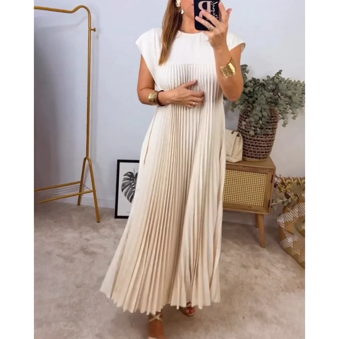 "Robe longue plissée élégante, manches courtes, style luxe, détails sophistiqués, idéale occasions spéciales et usage quotidi