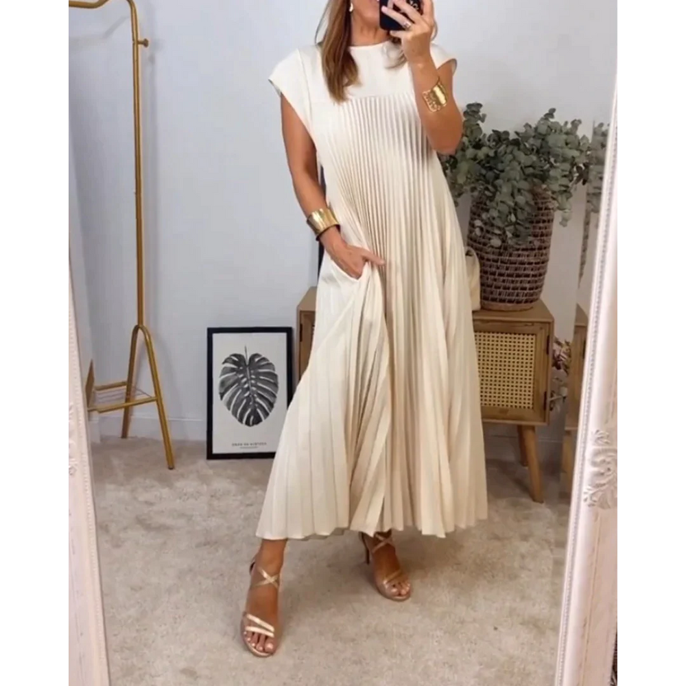 "Robe longue plissée élégante, manches courtes, style luxe, détails sophistiqués, idéale occasions spéciales et usage quotidi