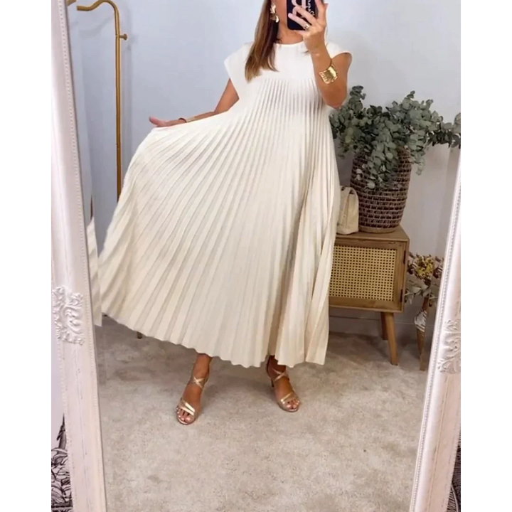"Robe longue plissée élégante, manches courtes, style luxe, détails sophistiqués, idéale occasions spéciales et usage quotidi