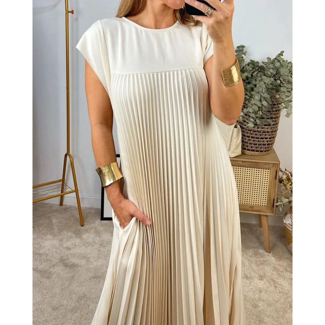 "Robe longue plissée élégante, manches courtes, style luxe, détails sophistiqués, idéale occasions spéciales et usage quotidi
