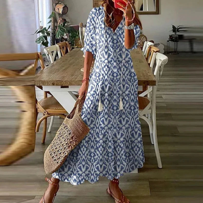 Robe longue femme bohème, confortable et légère, parfaite pour la plage et les vacances d'été.