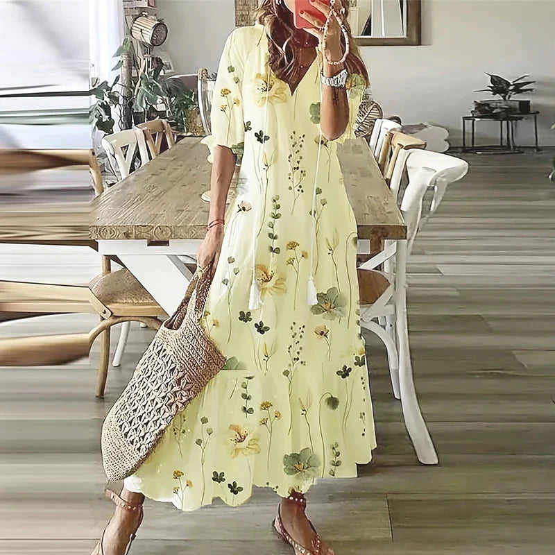 Robe longue femme bohème Anna, conjuguant élégance et confort, idéale pour un look chic et décontracté en été.