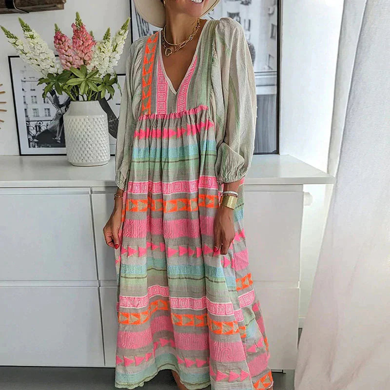 Robe maxi bohème, coton et lin, fluide, imprimé coloré, style chic et décontracté.