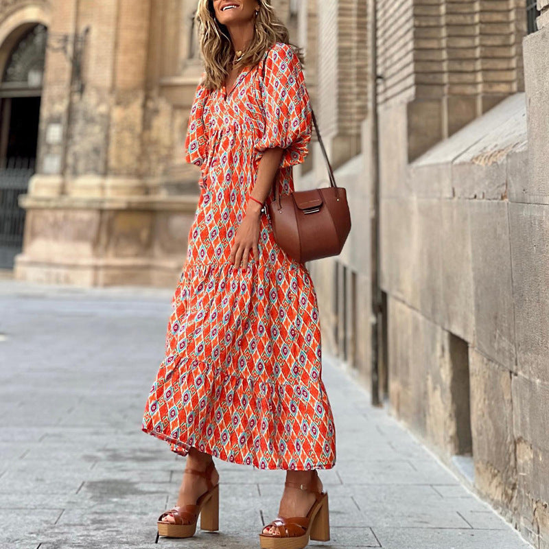 Robe maxi bohème été, col V, coupe fluide.  Élégante et confortable.