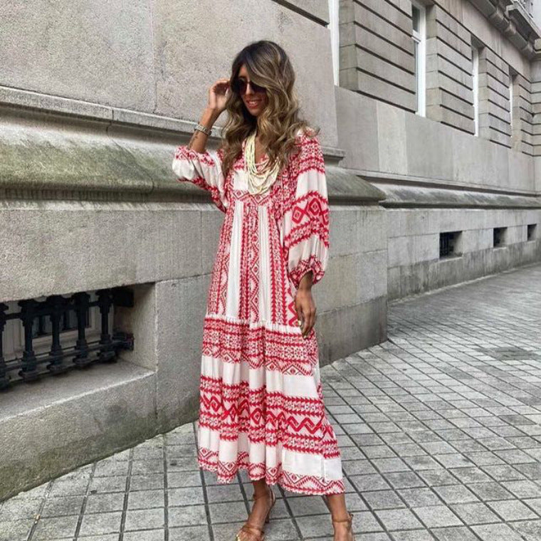 Robe maxi bohème été, col V, coupe fluide.  Élégante et confortable.