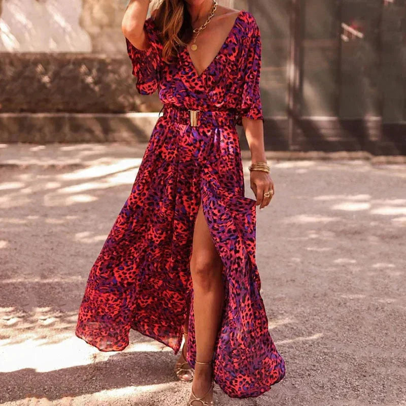 Robe maxi élégante, imprimé tendance, fente, fluide et légère.  Idéale pour les soirées.