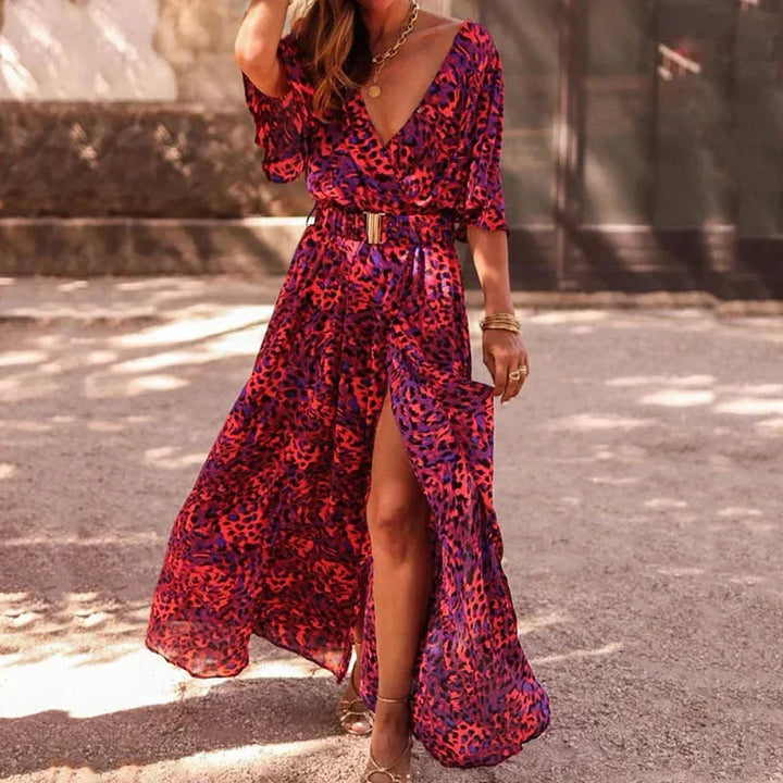 Robe maxi élégante, imprimé tendance, fente, fluide et légère.  Idéale pour les soirées.