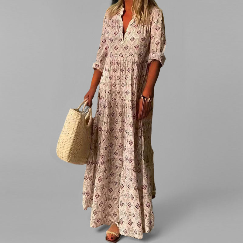 "Robe maxi femme - Coton léger - Col V - Motif vintage - Manches 3/4 - Élégante et ample"