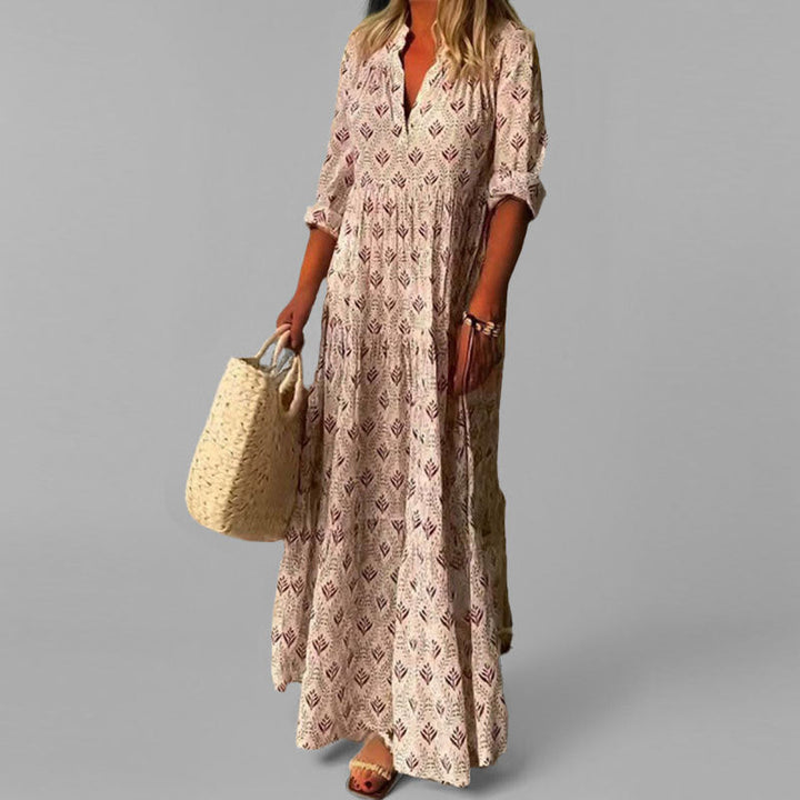 "Robe maxi femme - Coton léger - Col V - Motif vintage - Manches 3/4 - Élégante et ample"