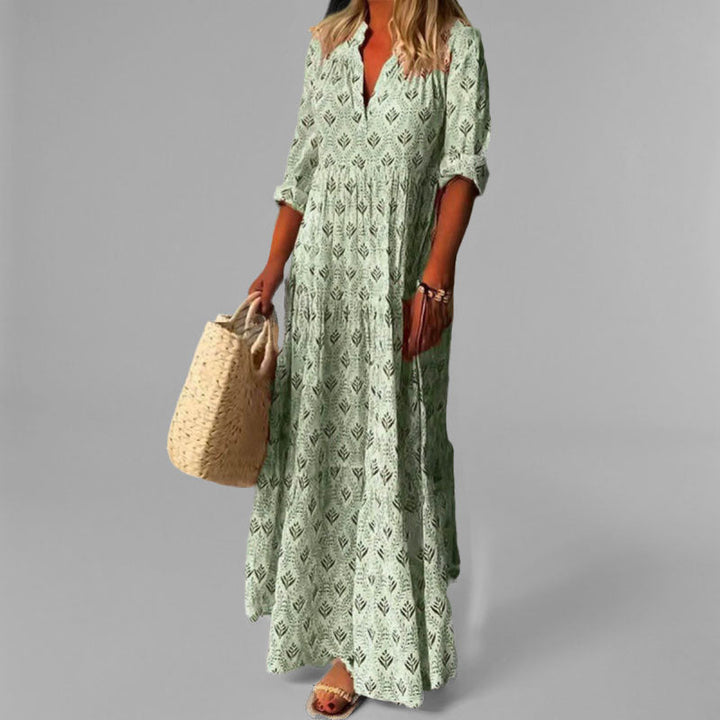 "Robe maxi femme - Coton léger - Col V - Motif vintage - Manches 3/4 - Élégante et ample"