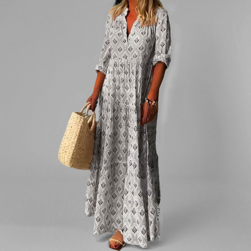 "Robe maxi femme - Coton léger - Col V - Motif vintage - Manches 3/4 - Élégante et ample"