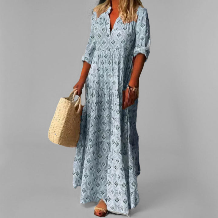 "Robe maxi femme - Coton léger - Col V - Motif vintage - Manches 3/4 - Élégante et ample"