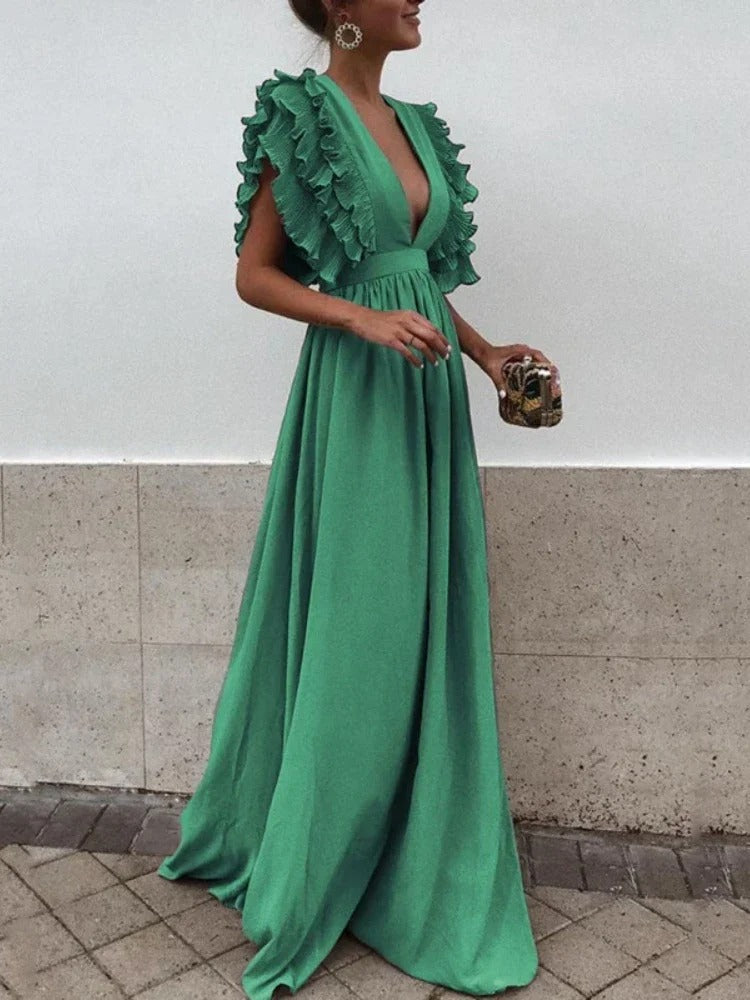 Robe maxi femme élégante, col V, coupe fluide. Plusieurs couleurs disponibles.