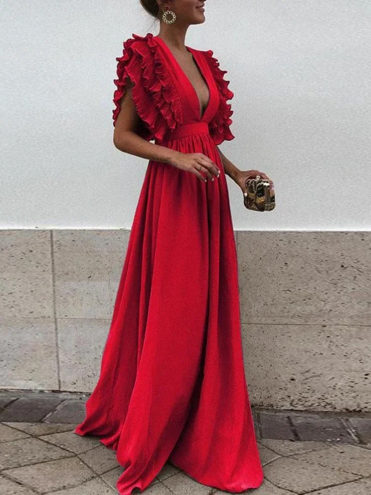 Robe maxi femme élégante, col V, coupe fluide. Plusieurs couleurs disponibles.