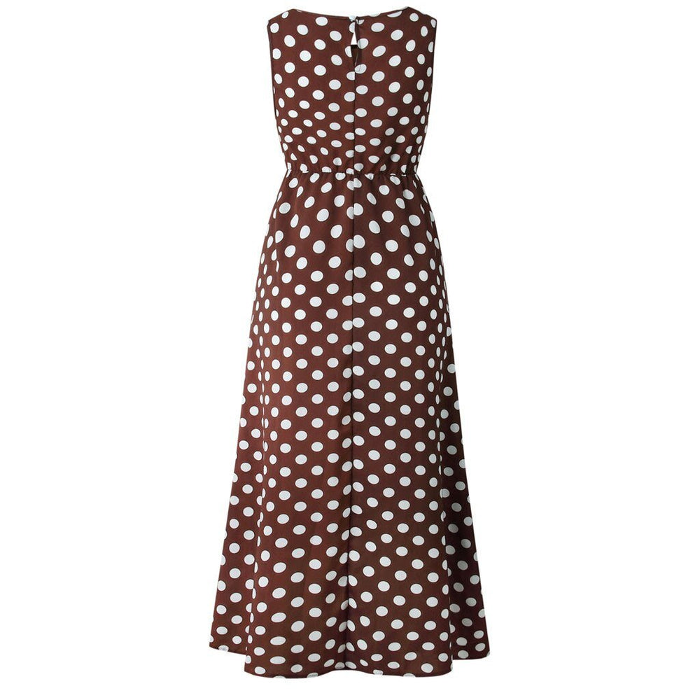 Robe maxi femme élégante, imprimé pois, tissu flottant, coupe flatteuse, confort exceptionnel, design chic et intemporel.