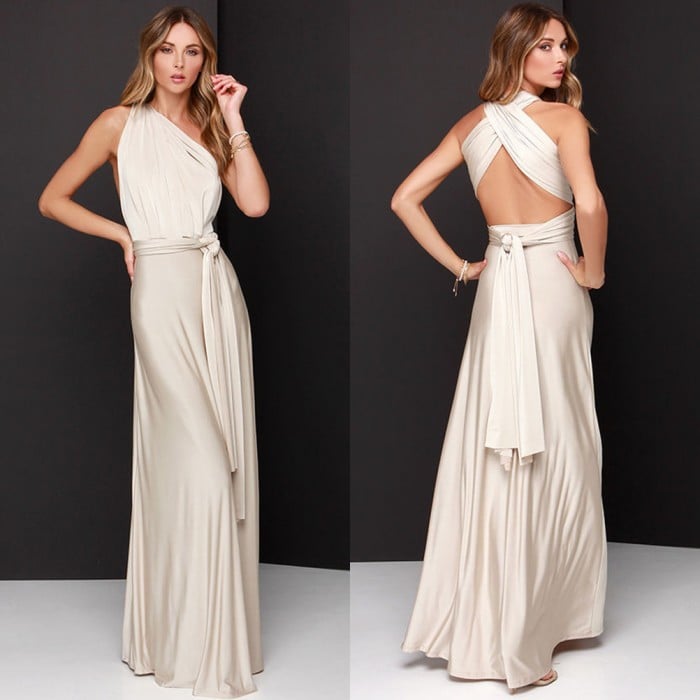 Robe longue estivale femme, coupe fluide et dos ouvert. Élégance décontractée pour mariages et soirées.