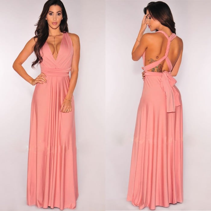 Robe de soirée longue femme, dos ouvert sophistiqué. Chic et fluide pour mariages, fêtes ou galas.