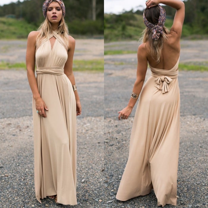 Robe maxi femme aérée, dos ouvert élégant, parfaite pour invitée de mariage estival ou soirée chic.