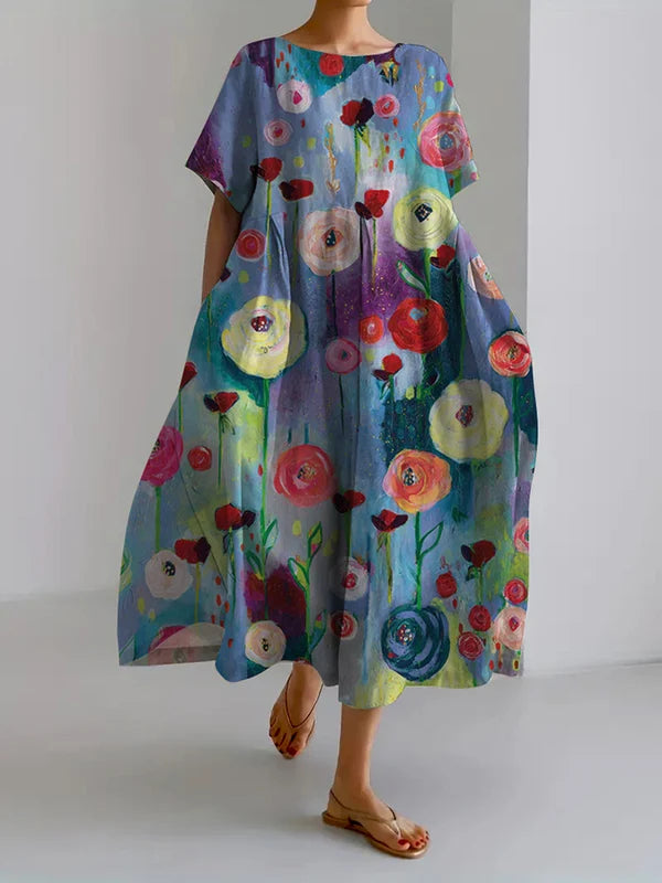 Robe maxi fluide, imprimé peinture à l'huile, grande taille. Style bohème chic.