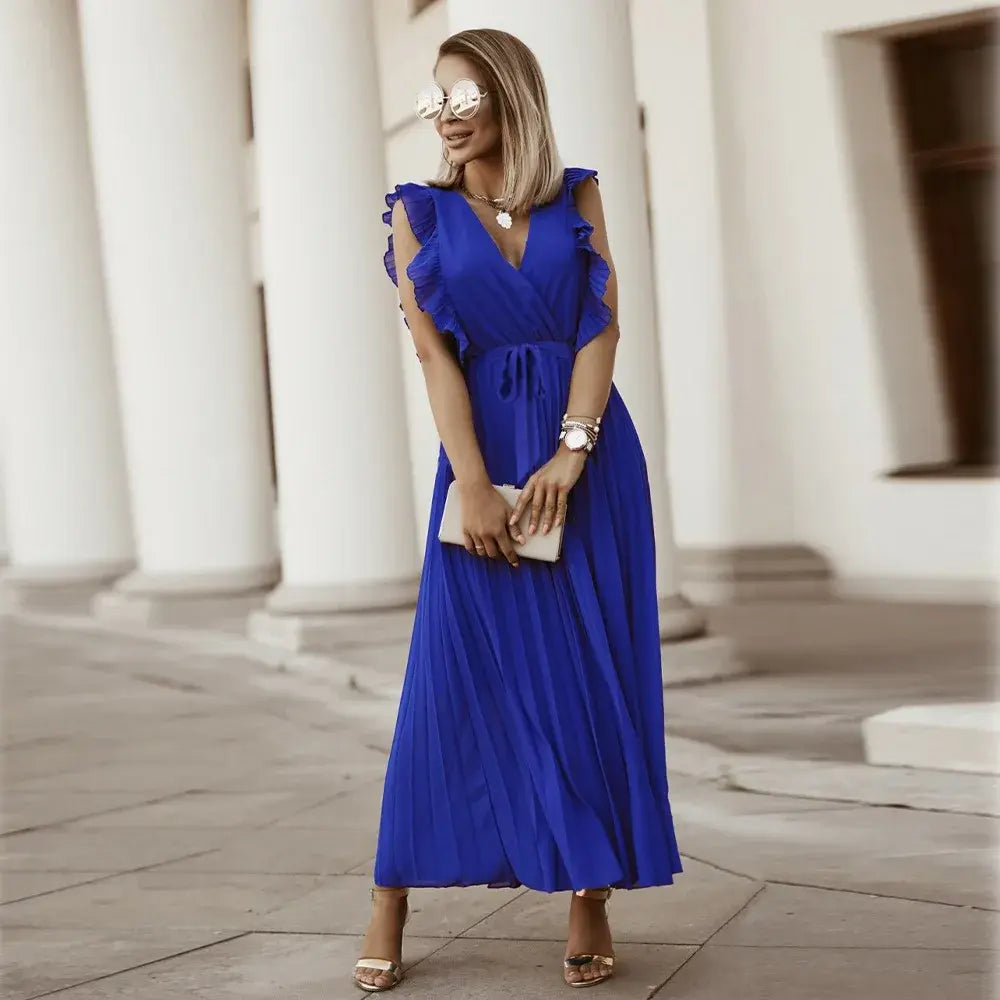 Vêtement femme: robe longue à volants, alliant tendance et confort pour toutes les occasions.
