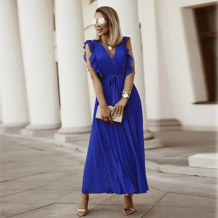 Vêtement femme: robe longue à volants, alliant tendance et confort pour toutes les occasions.