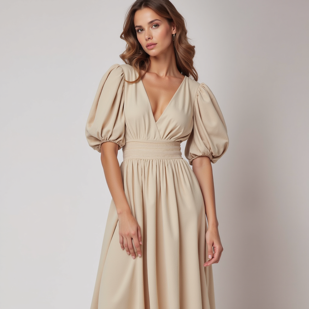 Robe maxi évasée élégante femme pour invitée mariage, col V, manches bouffantes, coupe flatteuse.