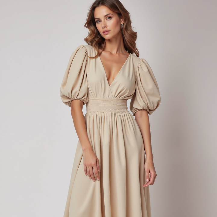 Robe maxi évasée élégante femme pour invitée mariage, col V, manches bouffantes, coupe flatteuse.