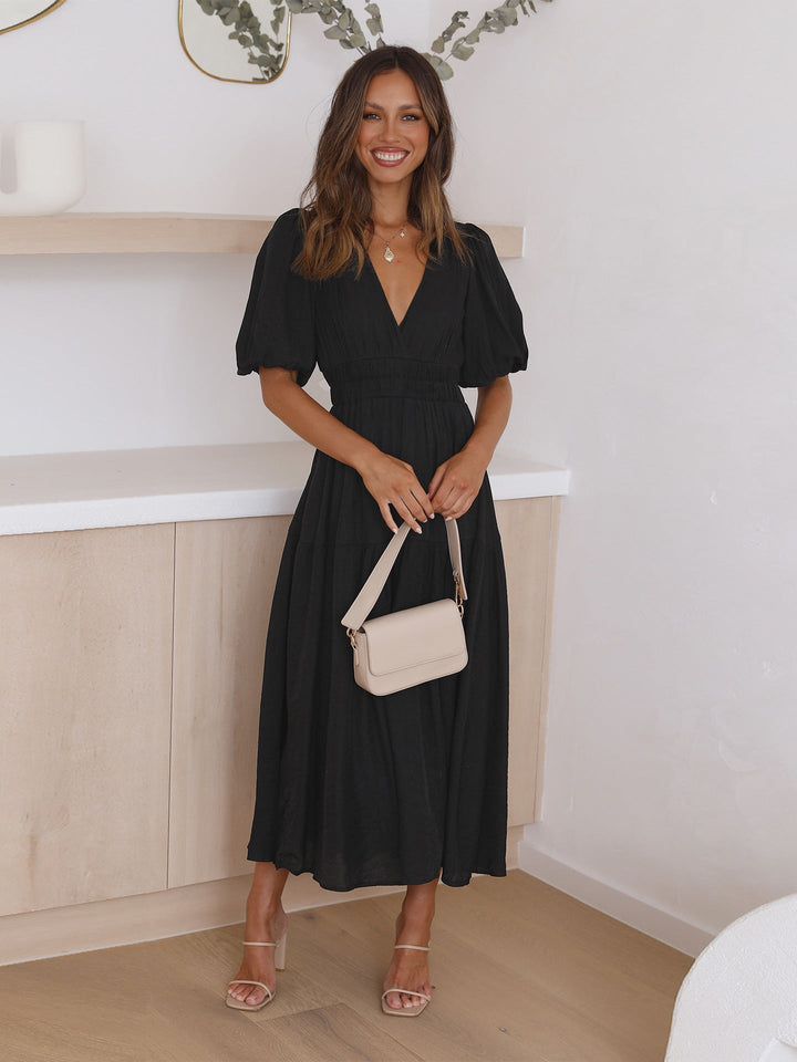Robe de soirée femme élégante, coupe maxi évasée, col V, manches bouffantes, mariage, cérémonie.