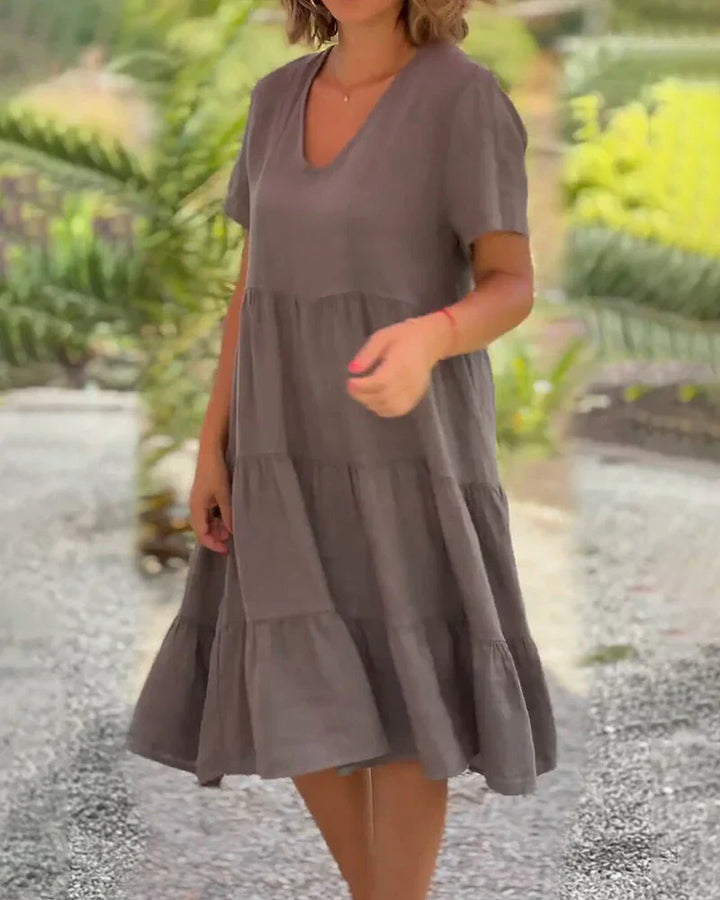 "Robe mi-longue en coton et lin, décolleté en V, élégante, bleu, marron, rose, idéale pour l'été et toutes occasions."