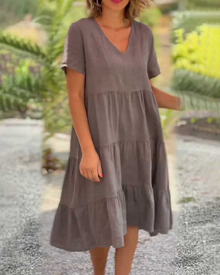 "Robe mi-longue en coton et lin, décolleté en V, élégante, bleu, marron, rose, idéale pour l'été et toutes occasions."