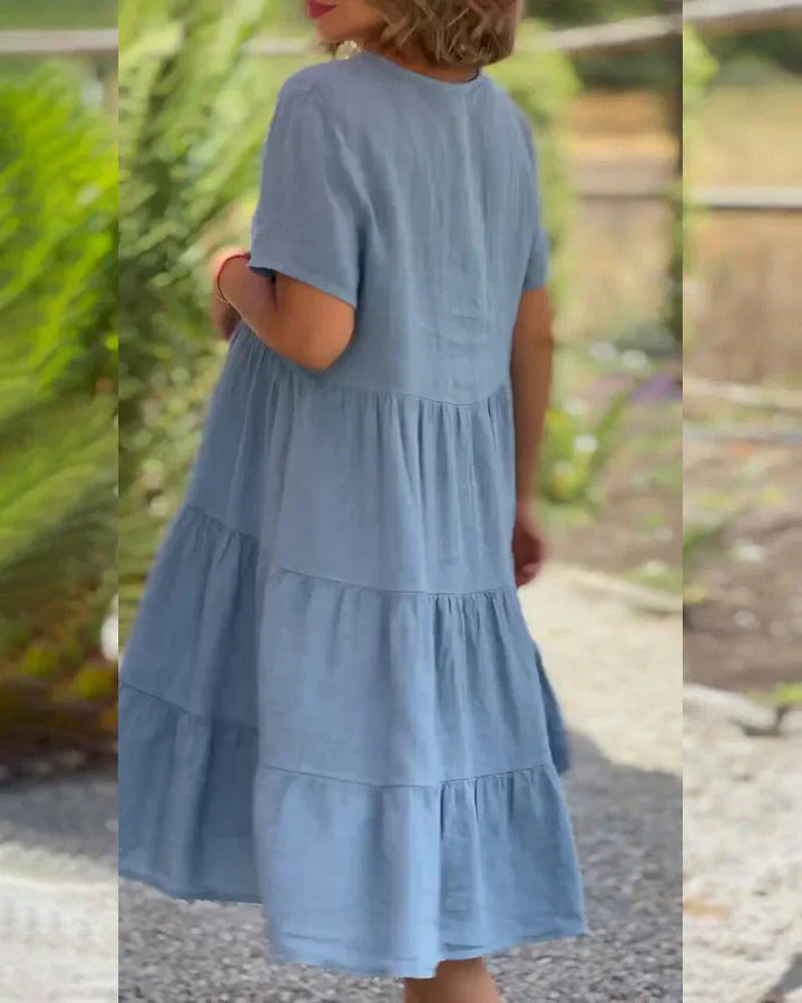 "Robe mi-longue en coton et lin, décolleté en V, élégante, bleu, marron, rose, idéale pour l'été et toutes occasions."