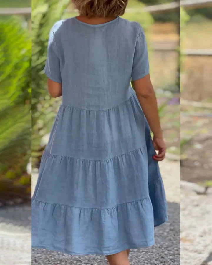 "Robe mi-longue en coton et lin, décolleté en V, élégante, bleu, marron, rose, idéale pour l'été et toutes occasions."