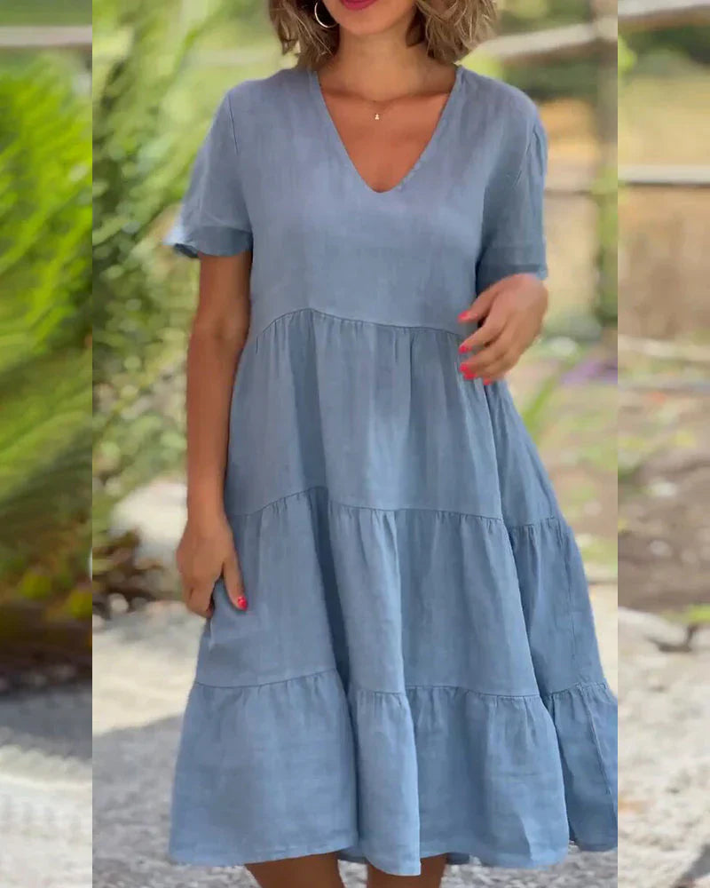 "Robe mi-longue en coton et lin, décolleté en V, élégante, bleu, marron, rose, idéale pour l'été et toutes occasions."
